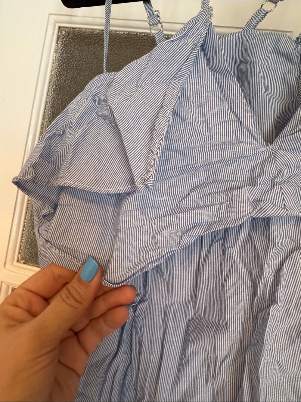 Light Blue Strappy Ruffle Cold-Shoulder Blouse - Picture 5 of 11